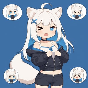 (chibi:1.3), masterpiece, made by a master, 4k, perfect anatomy, perfect details, best quality, high quality, lots of detail.
(solo),1girl, ((stoat girl)), solo,  ((white hair)), very long hair, blue eyes, (straight hair), (bangs), animal ears, (stoat ears:1.2), Choker, ahoge, cute_fang, (big Fox Tail:1.2), (blue X hairpin), (White collared sleeveless top, (midriff), blue chest bow), (black hooded oversized jacket:1.2), (jacket zipper half unzipped), (black short pants) (Off the shoulders), single, (((>_<:1.4))), (upper body) ,Emote Chibi. cute comic,simple background, flat color, Cute girl,dal,Chibi Style,lineart,comic book,
