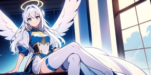 vibrant colors, female, masterpiece, sharp focus, best quality, depth of field, cinematic lighting, ((solo, one woman )), (illustration, 8k CG, extremely detailed), masterpiece, ultra-detailed,
1angel, (white hair), long curly hair, blue eyes, (two blue ribbons on her hair), (Double golden halo on her head), angel wings, Sitting on a seat, look to the sky, best smile, cute face, perfect light,portrait,see-through