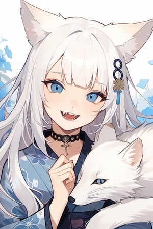  {{{masterpiece}}}, {{{best quality}}}, {{ultra-detailed}}, {beautiful detailed eyes},1girl, stoat girl, solo,  ((white hair)), very long hair, blue eyes, (straight hair), (bangs), animal ears, (stoat ears:1.2), Choker, ahoge, fangs, (big white fox Tail:1.2), (blue X hairpin), (cute yukata, colorful yukata), smiling, Beautiful eyes,portrait art style