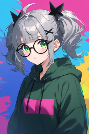 japanese cool anime,1girl, solo, (gray hair), green eyes, (short Twin ponytails:1.2), (wavy hair), ahoge, (black round frame glasses:1.2), (black star hairpin), Colorful pop art, , brightly, Beautiful green Eyes, dark green hoodie jacket, Color Splash,upper body.,Beautiful eyes,niji6