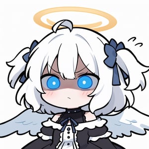 1girl, angel, white hair, long curly hair, (two side up), blue eyes, two blue bows on head, (Double golden halo on her head), choker, ((angel wings on back)), ahoge,  (White gothic lolita style ruffle dress, blue ribbon), ((Off the shoulders:1.2)), solo, (chibi, head only), blush, mouth close, (close-up portrait), (angry, blush, pouty), ((shadow face:1.3)), (glowing eyes), Upper Body, (Focus on face), simple white background,((Chibi character)),IncrsPunchMeme,incoming punch