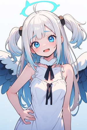 (photorealistic:1.4), (anime colored:1.5),(masterpiece, sidelights, exquisite gentle eyes), (character focus,face focus,close to viewer,portrait,masterpiece,)、anime colored,,cute face、 3D face,(cyan hair to blue hair gradient hair),,(1 girl), angel, white hair, long curly hair, (two side up), blue eyes, Two (blue) hair ties on head , (Double (golden) halo on her head), choker, (angel wings), ahoge, (open stance,put your hands on your hip:1.3),(blue eyes:1.5),(upper body:1.5),(sleeveless white hair fur sundress :1.5),(kind face),(blush)、(cute face)、(head tilt:1.5), (cute face),(open mouth,Laughter:1.2),Gentle face,(medium breasts),(gradient background)、(glowing eyes)、
neat and clean、adorable、Slim Body,(tareme:1.5),,shiny hair, shiny skin、,niji,sketch,manga,

