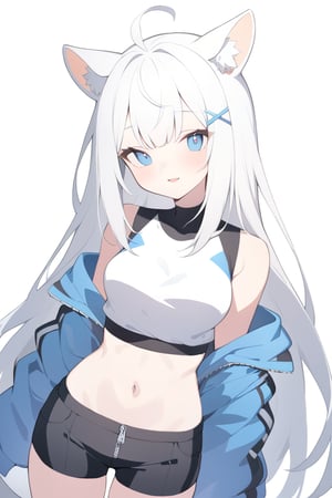 1girl, (stoat girl), solo,  ((white hair)), very long hair, blue eyes, (straight hair), (bangs), animal ears, ((stoat ears:1.2)),
 Choker, ahoge, fangs, (big white fox Tail:1.2), (blue X hairpin), (White collared sleeveless top, (midriff), blue chest bow), 
(black hooded oversized jacket:1.2), ((jacket zipper half unzipped)), ((black short pants)) (Off the shoulders), hand on hip,