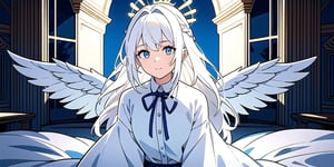 vibrant colors, female, masterpiece, sharp focus, best quality, depth of field, cinematic lighting, ((solo, one woman )), (illustration, 8k CG, extremely detailed), masterpiece, ultra-detailed,
1angel, (white hair), long curly hair, blue eyes, (two blue ribbons on her hair), (Double golden halo on her head), angel wings, sweater, cute outfit, Sitting in her room, best smile, cute face, perfect light,1girl white hair blue eyes x hair ornament,masterpiece,