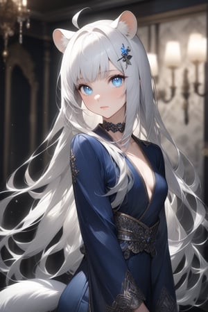 1girl, stoat girl, solo,  ((white hair)), very long hair, blue eyes, (straight hair), (bangs), animal ears, (stoat ears:1.2),
 Choker, ahoge, yaeba, (big white stoat Tail:1.2), (blue X hairpin), Beautiful girl. She is very badass, she wears a very luxurious outfit, pretty detailed, shining skin, detailed skin, dynamic light, wallpaper quality, detailed eyes, shining, blue eyes, blurry background, detailed image, detailed skin, upper body, looking at viewer, stunning image, 8k, proffesional style, luxurious room in background. Water drop, ((masterpiece: 1.2)), light particles, ink droplets in background.,Masterpiece,Stunning image,Professional style