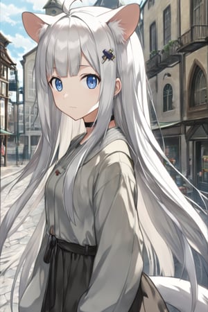 1girl, stoat girl, solo,  ((white hair)), very long hair, blue eyes, (straight hair), (bangs), animal ears, (stoat ears:1.2),
 Choker, ahoge, yaeba, (big white stoat Tail:1.2), (blue X hairpin),  casual outfit, outdoors, looking at viewer, close view,midjourney,anime,1girl_Anime,Detail