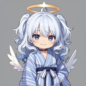 (chibi:1.3), masterpiece, made by a master, 4k, perfect anatomy, perfect details, best quality, high quality, lots of detail.
(solo), 1girl, angel, white hair, long curly hair, (two side up), blue eyes, (curly hair:1.2), (wavy hair), (hair curls), (bangs), (two side up), two blue hair ties on head, (Double golden halo on her head), bowtie choker, angel wings, ahoge, fang, (cute yukata, colorful yukata), smiling, single, (((>_<:1.4))), (upper body) ,Emote Chibi. cute comic,simple background, flat color, Cute girl,dal,Chibi Style,lineart,comic book,score_9,score_8_up,score_7_up,source_anime