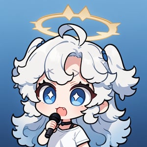 (chibi style), {{{masterpiece}}}, {{{best quality}}}, {{ultra-detailed}}, {beautiful detailed eyes}. 1girl, angel, white hair, long curly hair, (two side up), blue eyes,  (curly hair:1.2), (wavy hair), (hair curls), (bangs), (two side up), two blue hair ties on head, (Double golden halo on her head), choker, angel wings, ahoge, fang, (white T-shirt), (rapping), (black sunglasses), (microphone), upper body,chibi emote style,chibi,emote, cute,Emote Chibi,anime,cute comic,