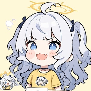 chibi, sd, masterpiece, made by a master, 4k, perfect anatomy, perfect details, best quality, high quality, lots of detail.
1girl, (angel), (white hair), long curly hair, (two side up), blue eyes,  (curly hair:1.2), (wavy hair), (hair curls), (bangs), (two side up), two (blue) hair ties on head, (Double golden halo on her head), choker, ((angel wings)), ahoge, t-shirt, short skirt, single, looking at camera, smiling, fang, happy, slightly angry, chibi, Emote Chibi. simple background, Line,cute comic,simple background, flat color,chibi,Cute girl,dal,Emote Chibi
