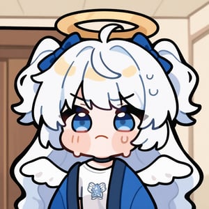 1girl, angel, white hair, long curly hair, (two side up), blue eyes, two blue bows on head, (Double golden halo on her head), choker, angel wings on back, ahoge, (T-shirt), (hanten jacket), cotton pants, Off-shoulder, (happy), (in Japanese room), (eyes highlight), standing, ((upper body)), very beautiful girl, eyes wide open, closed mouth, sweat, slightly angry, himecut hairstyle, solo, (chibi), (Focus on face),((Chibi character))