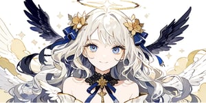 //quality
masterpiece, best quality, aesthetic, 
//Character
1girl, angel, white hair, long curly hair, (two side up), blue eyes, two blue ribbons on her hair, (Double golden halo on her head), choker, angel wings, (beautiful eyes:1.0), big eyes, deailed eyes, (beautiful face:1.0), fine skin, 
(medium breasts:1.2), 
//Fashion 
(The girl is smiling wryly,:1.0), 
//Background 
(Ink painting:1.2),  Light ochre background