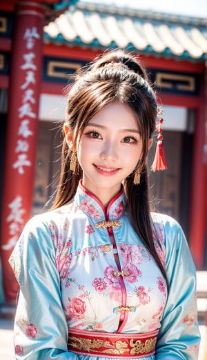 A closeup beautiful cute little girl cute smile wear ancient dress at chinese temple 