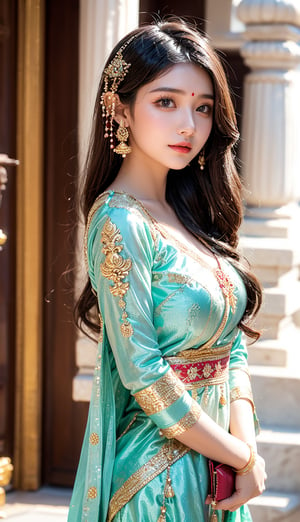 Beautiful nepali girl wear newar dress at Hindu temple 