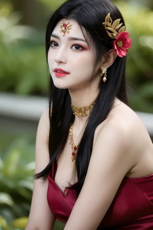 1girl, solo, long hair, looking at viewer, black hair, hair ornament, dress, bare shoulders, jewelry, upper body, view from mid air, flower, earrings, lying, necklace, petals, red dress, hand on own chest, branch
