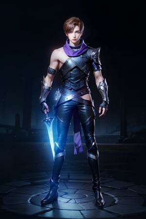 1boy, solo, short hair, blue eyes, standing, full body, brown hair, shiny, purple scarf, glowing, ,Holy_Blade, boots, vambraces, black pants, fingerless_gloves, black gloves,