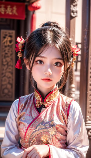 A closeup beautiful cute little girl wear ancient dress at chinese temple 