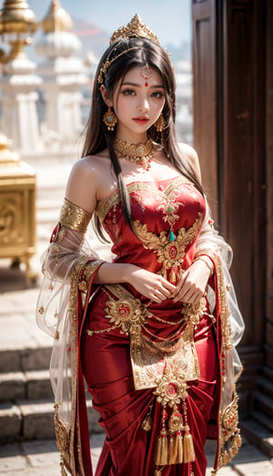 Beautiful nepali girl wear newar dress at Hindu temple 