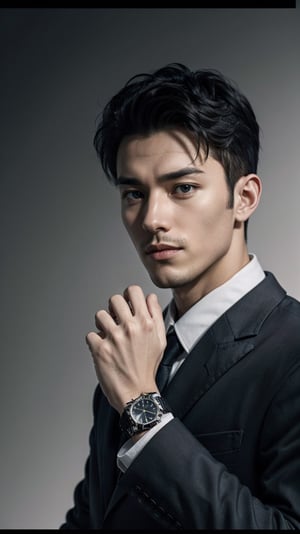 solo, looking at viewer, simple background, shirt, black hair, 1boy, jacket, male focus, grey background, black shirt, facial hair, formal, suit, beard, watch, realistic, wristwatch