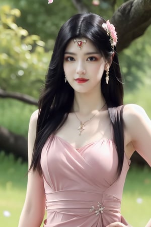 1girl, solo, long hair, looking at viewer, black hair, hair ornament, dress, bare shoulders, jewelry, standing side by tree, view from mid air, flower, earrings, necklace, petals, pink dress, hand on own chest, branch, 