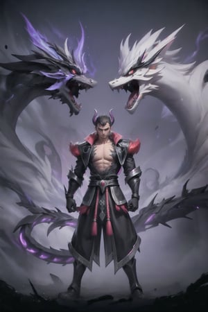 solo, male, black dragon warrior dress, purple eye death stare eye, two dragon horn, chaos dark environment