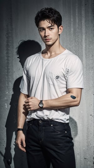 solo, looking at viewer, short hair, brown hair, shirt, 1boy, short sleeves, male focus, pants, shadow, facial hair, black pants, blue shirt, t-shirt, beard, watch, realistic, hands in pockets, stubble, wristwatch, chest hair, arm hair