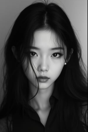 A stunning monochromatic portrait of a lone 
Korean female subject with luscious long hair framing her striking features. She gazes directly at the viewer with an enigmatic expression, her closed lips and delicate eyelashes drawing attention to her piercing gaze. A pair of earrings adorns her ears, adding subtle texture to her overall appearance. The high-contrast greyscale palette emphasizes the subject's facial features, while proper lighting settings create a sense of depth and dimensionality. The harmonious composition guides the viewer's eye through the image, culminating in a hyper-realistic portrayal that exudes accuracy and realism.