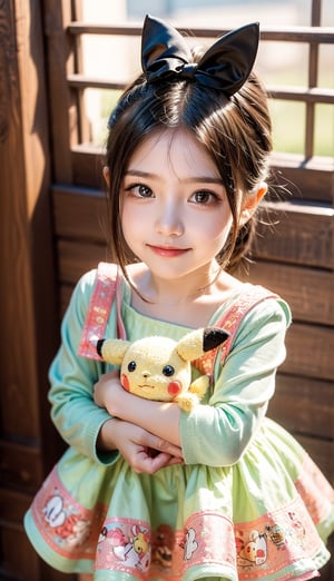 A closeup beautiful cute little girl wear baby dress, holding Pikachu doll