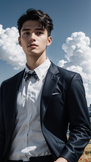 looking at viewer, short hair, brown hair, shirt, 1boy, bow, jacket, white shirt, upper body, male focus, outdoors, sky, solo focus, day, cloud, bowtie, tree, black jacket, black bow, formal, suit, grass, building, black bowtie, realistic,detailed size male body