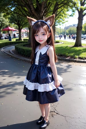 cute little girl, blue big eye, cute ear, cute closed smile, detailed size full body, pink cute dress, fun park 