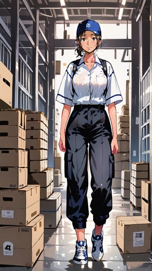 (score_9, score_8_up, score_7_up, source_anime, rating_safe, Kanae,1 women, kanae (hajimete no hitozuma), brown hair, brown eyes, ponytail, dark skin, dark-skinned female,  // standing, wearing: ((blue_and_white_baseball_cap, blue_headwear, moving uniform, collared_shirt, black_shirt, cargo long pants, sneakers_shoes)). closed mouth, blush, wink, smile, shiny skin, sweat, full_body, she_lifting_cardboard_boxes, indoors, night time, dim_light, walking. (full body:1.6),(mature woman,45 years old:1.0), looking_at_viewer,
BREAK,eye_level_view. blush, warehouse, pile of cardboard, blurry background, 
ExpressiveH, painterly, traditional media, realistic, Semi realist, real skin, yellow light, dark_background, dark_room, 