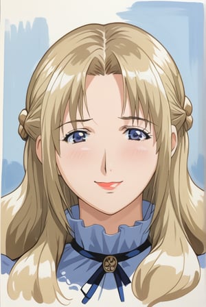 (score_9, score_8_up, score_7_up, source_anime, Sylvia,mature female,1girl,solo,blonde hair,long hair,blue eyes,braid,french braid, (mature woman,45 years old:1.0), face focus, looking at viewer, blue dress, full body,
BREAK,eye_level_view. blush,blurry background, ExpressiveH, painterly, traditional media, realistic, Semi realist, real skin,