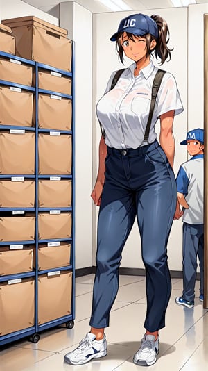 (score_9, score_8_up, score_7_up, source_anime, rating_safe, Kanae,1 women, kanae (hajimete no hitozuma), brown hair, brown eyes, ponytail, dark skin, dark-skinned female,  // standing, wearing: ((blue_and_white_baseball_cap, blue_headwear, moving uniform, collared_shirt, black_shirt, cargo long pants, sneakers_shoes)). closed mouth, blush, wink, smile, shiny skin, sweat, full_body, she_lifting_cardboard_boxes, indoors, night time, dim_light, walking. (full body:1.6),(mature woman,45 years old:1.0), looking_at_viewer,
BREAK,eye_level_view. blush, warehouse, pile of cardboard, blurry background, 
ExpressiveH, painterly, traditional media, realistic, Semi realist, real skin, yellow light, dark_background, dark_room, 