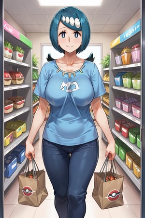 Score_9, Score_8, Score_7, lana's_mom \(pokemon\), walking in mall, holding shopping bags, daytime, Lana's mom (Pokemon), mature woman, collarbone, bright pupils, shirt, nervous smile, full_body, BREAK, below pov, sunrays, sunshine,LanaMumanimestyle,MKY,Mirhamstyle, (VIBRANT COLOR:1.3), (SATURATED COLOR:1.0), loose t-shirt,