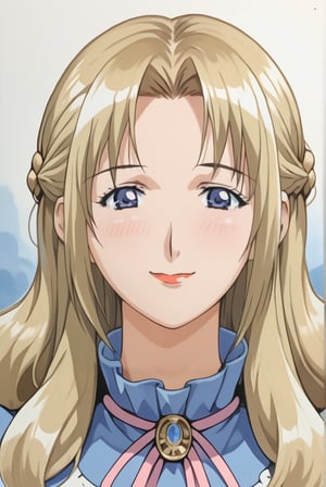 (score_9, score_8_up, score_7_up, source_anime, Sylvia,mature female,1girl,solo,blonde hair,long hair,blue eyes,braid,french braid, (mature woman,45 years old:1.0), face focus, looking at viewer, blue dress, 
BREAK,eye_level_view. blush,blurry background, ExpressiveH, painterly, traditional media, realistic, Semi realist, real skin,