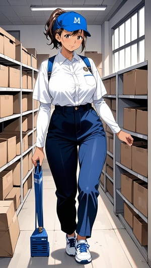 (score_9, score_8_up, score_7_up, source_anime, rating_safe, Kanae,1 women, kanae (hajimete no hitozuma), brown hair, brown eyes, ponytail, dark skin, dark-skinned female,  // standing, wearing: ((blue_and_white_baseball_cap, blue_headwear, moving uniform, collared_shirt, black_shirt, cargo long pants, sneakers_shoes)). closed mouth, blush, wink, smile, shiny skin, sweat, full_body, she_lifting_cardboard_boxes, indoors, night time, dim_light, walking. (full body:1.6),(mature woman,45 years old:1.0), looking_at_viewer,
BREAK,eye_level_view. blush, warehouse, pile of cardboard, blurry background, 
ExpressiveH, painterly, traditional media, realistic, Semi realist, real skin, yellow light, dark_background, dark_room, 