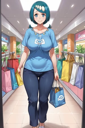 Score_9, Score_8, Score_7, lana's_mom \(pokemon\), walking in mall, holding shopping bags, daytime, Lana's mom (Pokemon), mature woman, collarbone, bright pupils, shirt, nervous smile, full_body, BREAK, below pov, sunrays, sunshine,LanaMumanimestyle,MKY,Mirhamstyle, (VIBRANT COLOR:1.3), (SATURATED COLOR:1.0), 