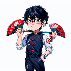 A boy;Male;Fan;Wisdom;Calm;Chinese style;Chinese attire;Black hair;Glasses;handheld fan ；Black attire ; high degree of refinement; professional level; ancient ；Holding a fan and having a tattoo on his arm; China; ancient chinese ; Akira style, highres, ultra detailed, perfect anatomy:1.2