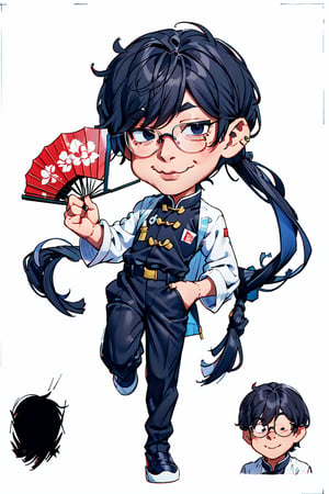 A boy;Male;Fan;Wisdom;Calm;Chinese style;Chinese attire;Black hair;Glasses;handheld fan ；Black attire ; high degree of refinement; professional level; ancient ；Holding a fan and having a tattoo on his arm; China; ancient chinese ; Akira style,(, highres, ultra detailed, perfect anatomy:1.2), anime, Caricature drawing style,girl