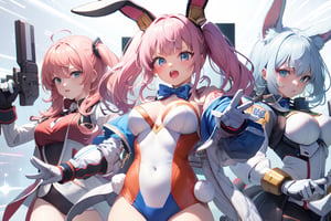 Vinyl bunny girl armor girl, 3 girls, fox beast character, hair color secret two-tone pink long hair, Gundam color, gold joints, gloves titanium texture expression, 2.5D, animation, mid-air shooting pose, rocket punch, spirit, school mizugi, Stylish design, space flight, cute pose, neck bow tie, wings of light, armed sword room, close contact between characters, starfield, Gundam face