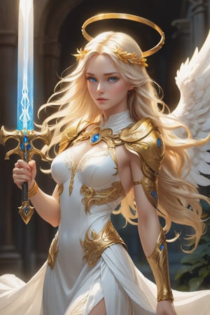 cosplay style,woman, angel  flowing blonde hair and blue eyes,  glowing engraved sword in right hand,  she is wearing a plain white dress, she has a golden laurel wreath on her head, detailed illustration, digital art, overdetailed art, concept art,sharp focus,(ultra beautyfull & details eyes & face), full character,full body art,extreme  body,dynamic pose,[((dynamic pose with cancer,[rear view,close-up],))] character concept, long hair, full body sexy shot, highly saturated colors,fantasy character, detailed illustration, hd, 8k, digital art, Dan Mumford, Krzysztof Maziarz, trending on artstation
,AngelicStyle