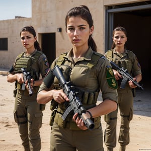 (masterpiece, best quality:1.4),(photorealistic:1.4)(realistic, photo-realistic:1.4),8k UHD,ultra high res,RAW,HDR,Valiant, heavily armed three female Israeli soldiers