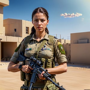 (masterpiece, best quality:1.4),(photorealistic:1.4)(realistic, photo-realistic:1.4),8k UHD,ultra high res,RAW,HDR,Valiant, heavily armed three female Israeli soldiers