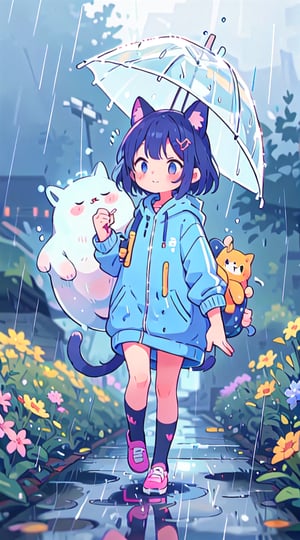 A beautifully detailed, high-quality image of a cat girl.
The girl has cat ears and a tail, with blue hair and is walking in the rain.
She is wearing a stylish outfit suitable for rainy weather, perhaps a raincoat or an umbrella.
The background features a rainy scene with light reflections and raindrops.
She has a thoughtful or serene expression, looking to the side as she walks.