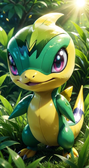 (a pokemon Snivy ), (grass and frezon attributes), small and cute, (shifting eye color), (bright and clear eyes), leaves flying around, anime style, depth of field, lighting cinematic lighting, divine rays, ray tracing, reflected light, afterglow, side view, close up, masterpiece, best quality, high resolution, super detailed, resolution accurate surgery, UHD, skin texture,