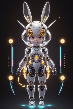 a cute chibi girl,  Transparent mech, Exquisite rabbit helmet:1.2, Cyberpunk, dreamy glow, Clean, White background, rabbit, rabbit ears, robot, year of the rabbit, android, yellow eyes, tail, animal ears,QRobot