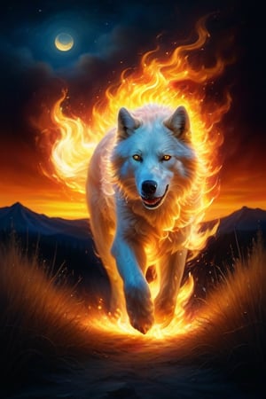 Score_9, Score_8_up, Score_7_up, Score_6_up, Score_5_up, Score_4_up, masterpiece, best quality,
BREAK
grassland, white full moon in a starry night sky, 1 white fire wolf running, solo, angry glare showing terrifying canines in a big opened mouth, glowing opened eyes radiating raging fire flames, intricate, cinematic, full body, four paws, ethereal fire fur with raging flames, showing tail,
flaming halo, swirling flames, radiant heat, fire tendrils, bright yellow and orange, engulfing fire, realistic fire effects, shimmering heat waves, light trails, high contrast
