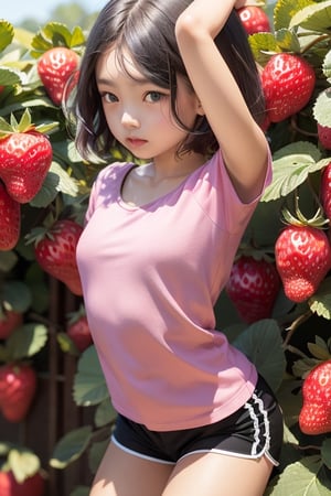 (young girl), (short wavy hair), (pink shirt), (black shorts), leaning forward, arms behind, surrounded by strawberries, 
