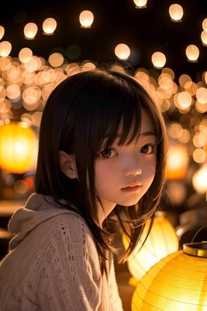 (young girl), close-up, near shot, soft light, floating lanterns background, blurry light background,