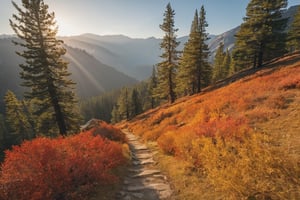 a landscape photograph. there are no people in the picture. 
in the foreground you can see a path it is a narrow, old, washed-out and partly overgrown path with old pine needles that runs through the pine forest. In the background you can see a rocky landscape similar to yosemite national park. It is a golden autumn day with the correspondingly coloured light and foliage in orange-red-yellow tones.,Landskaper, warm light an warm temperature, warm tones, detailed, better landscape, high quality, realistic lighting, realistic light, 8k, 
