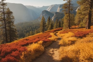 a landscape photograph. there are no people in the picture. 
in the foreground you can see a path it is a narrow, old, washed-out and partly overgrown path with old pine needles that runs through the pine forest. In the background you can see a rocky landscape similar to yosemite national park. It is a golden autumn day with the correspondingly coloured light and foliage in orange-red-yellow tones.,Landskaper, warm light an warm temperature, warm tones, detailed, better landscape, high quality, realistic lighting, realistic light, 8k, 
